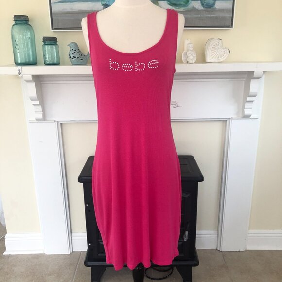 Bebe Rhinestone Logo Hot Pink Fitted Stretchy Dress Large - Picture 3 of 10